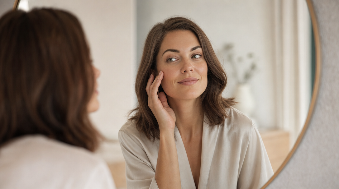 Woman looking calm and confident in the mirror, illustrating the non-invasive middle ground for people not ready for injectables