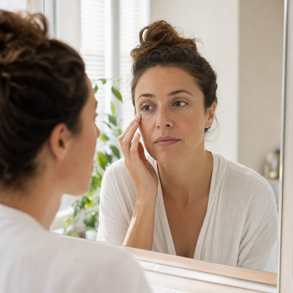Woman applying cream under her eye in the mirror, from the founder story on switching to Zaveroa Eye Renewal Patches