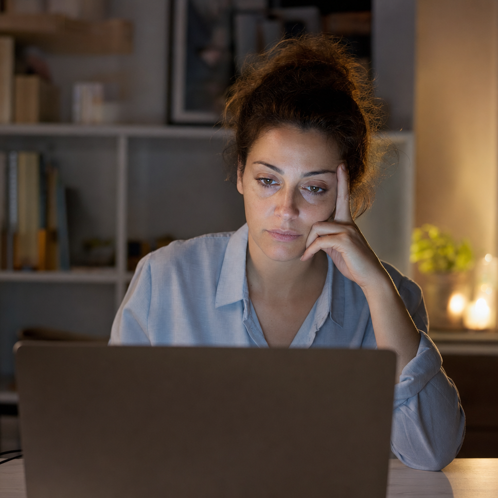 Woman looking tired on a video call, showing how screen lighting and close-up angles make under-eye tiredness more visible