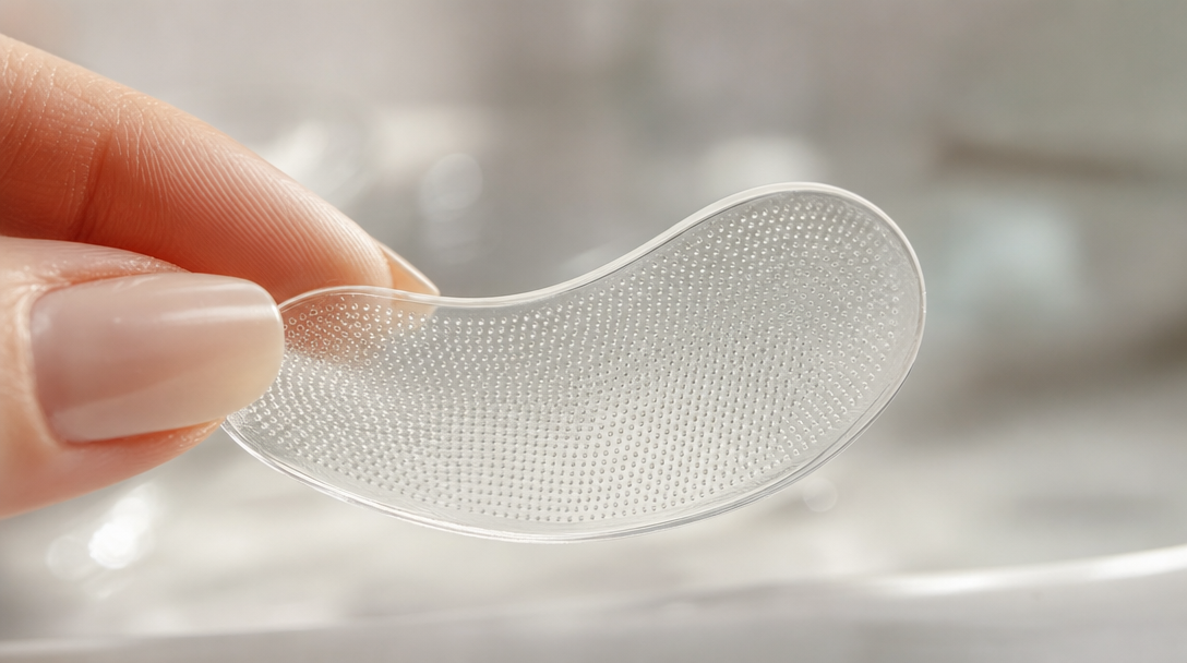 Close-up of a Zaveroa Eye Renewal Patch showing the microneedle hydrogel texture, illustrating what to check before buying microneedle eye patches