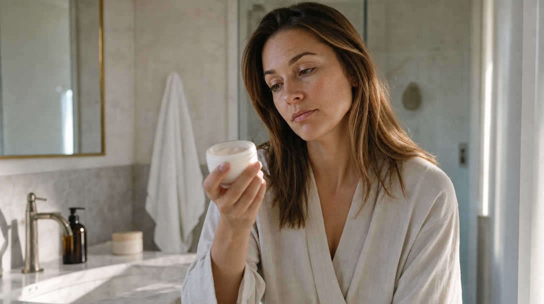 Woman holding an eye cream jar with a skeptical expression, illustrating why topical cream alone struggles to reach beneath the skin